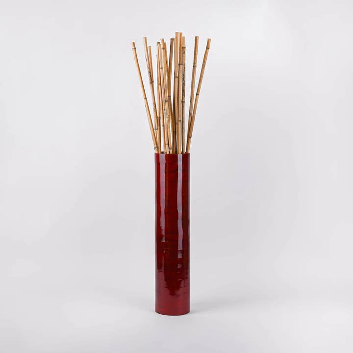 Bamboo Cylinder Floor Vase | 25" | Red for wholesale by Silk Flower Depot