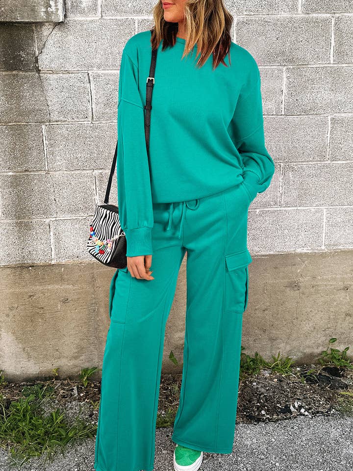 Solid Color Pullover Top and Cargo Pants Set for wholesale by Lovesoft