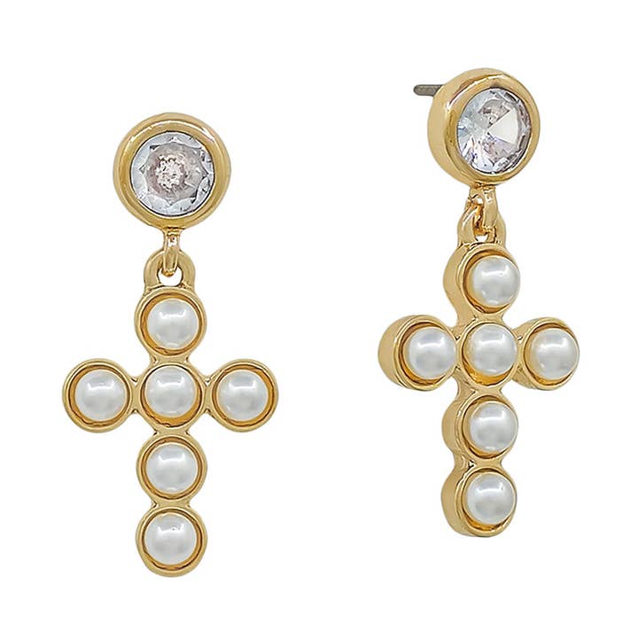 Water Resistant Pearl Studed 1" Cross Drop Earring for wholesale by What's Hot