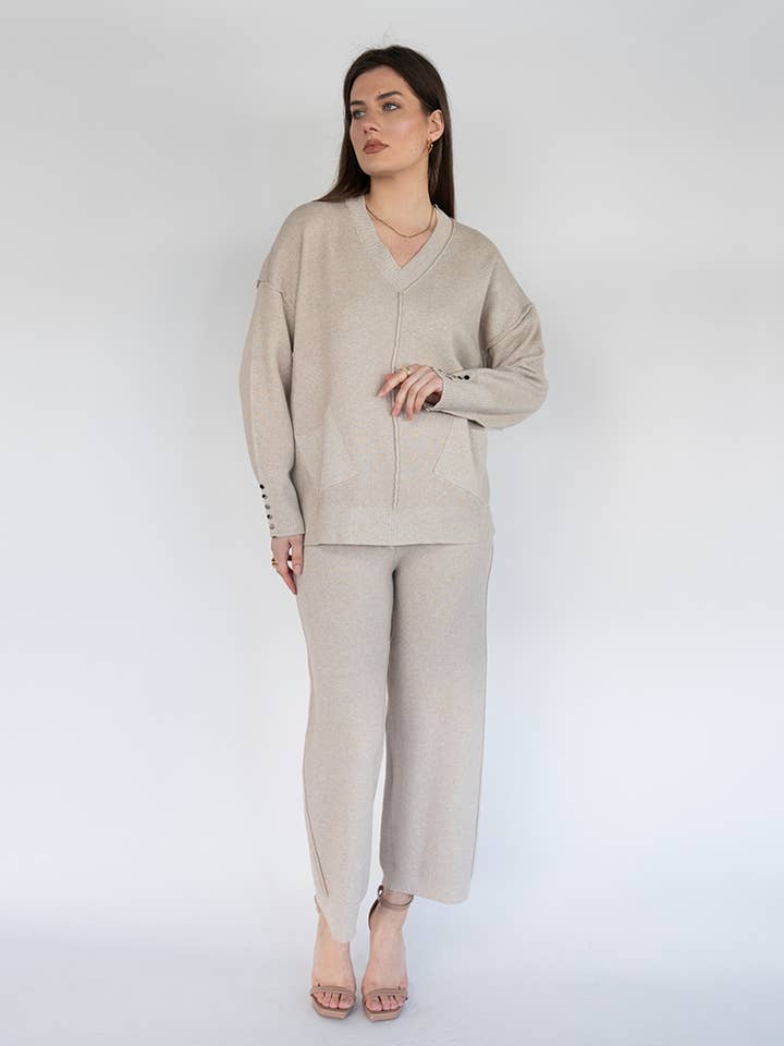 Conjunto de Calças Largas Casuais de Malha para Mulher em Bege Mesclado por atacado de NIKKY APPARELS