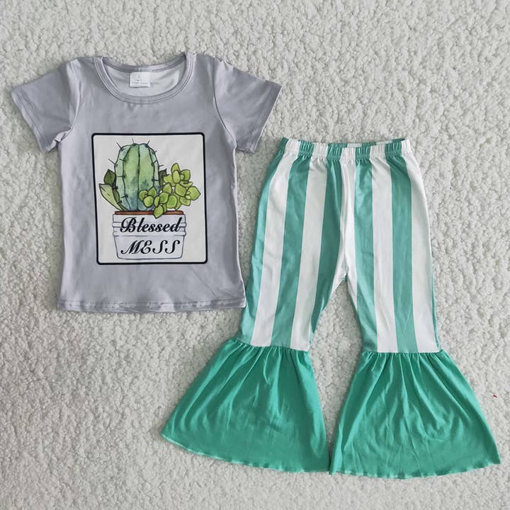 Ensembles de pantalons à rayures cactus bénies pour bébés filles pour la vente par Aier Wholesale