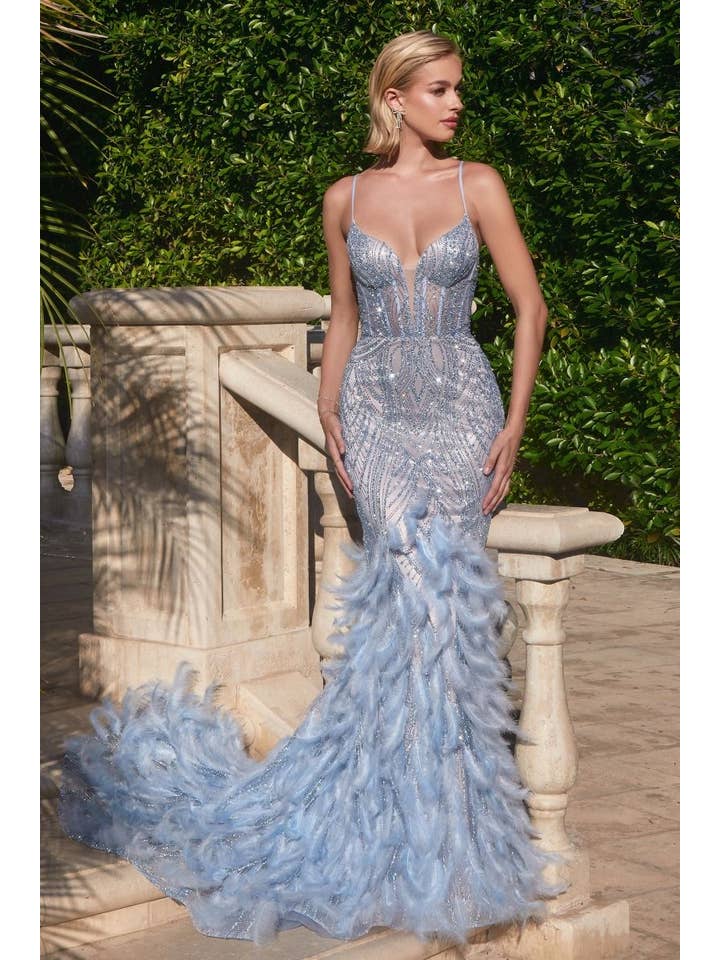 Tux-USA® - Wholesale Gown - Women's - Fully Embellished & Feathered Mermaid Gown