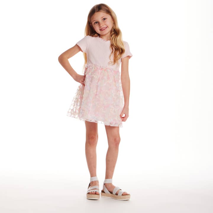 Rose Robe en maille côtelée pour enfants (2-6x) avec jupe en tulle à fleurs 3D | Rose clair en vente sur Faire4
