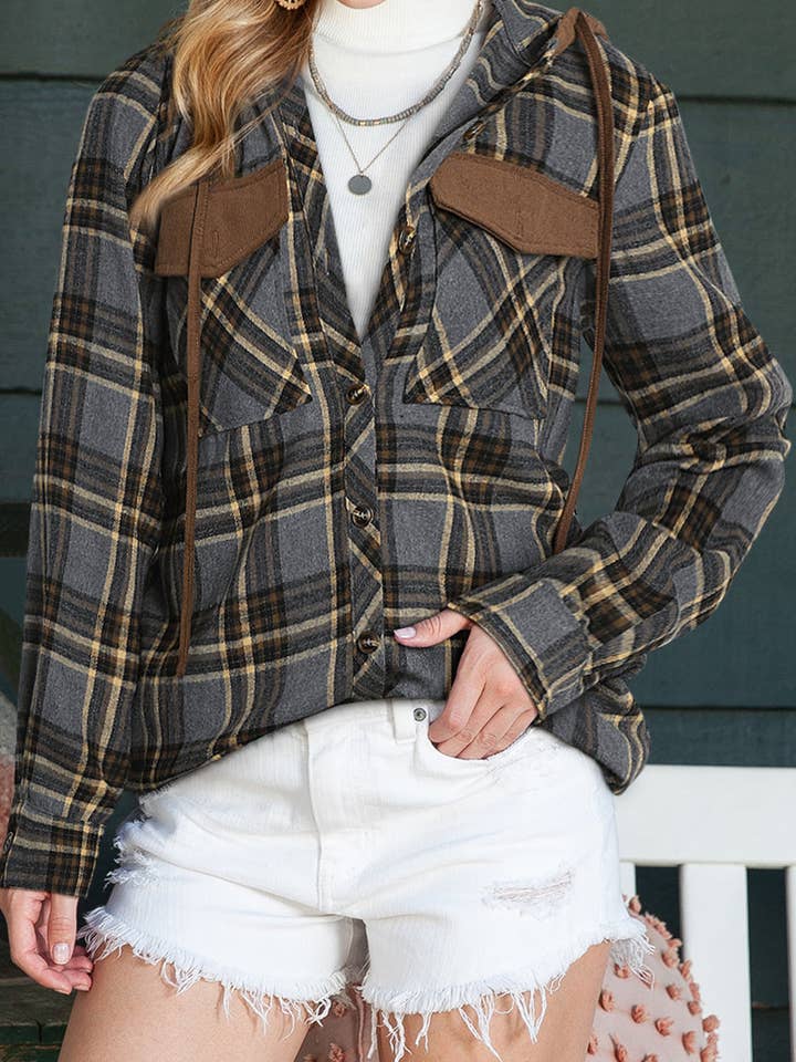 Casaco com capuz com capuz com bolsos xadrez cinza por atacado de EG fashion