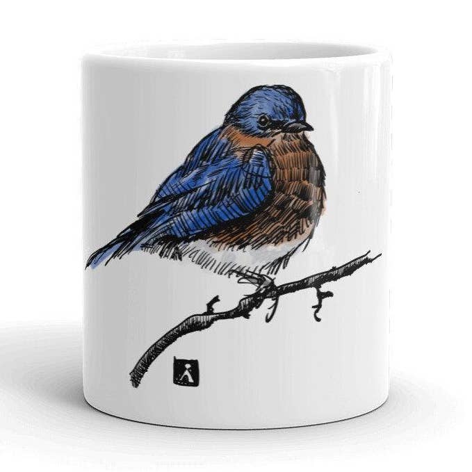 Tasse à café blanche avec oiseau bleu oriental assis sur une branche pour la vente par Bellavance Ink