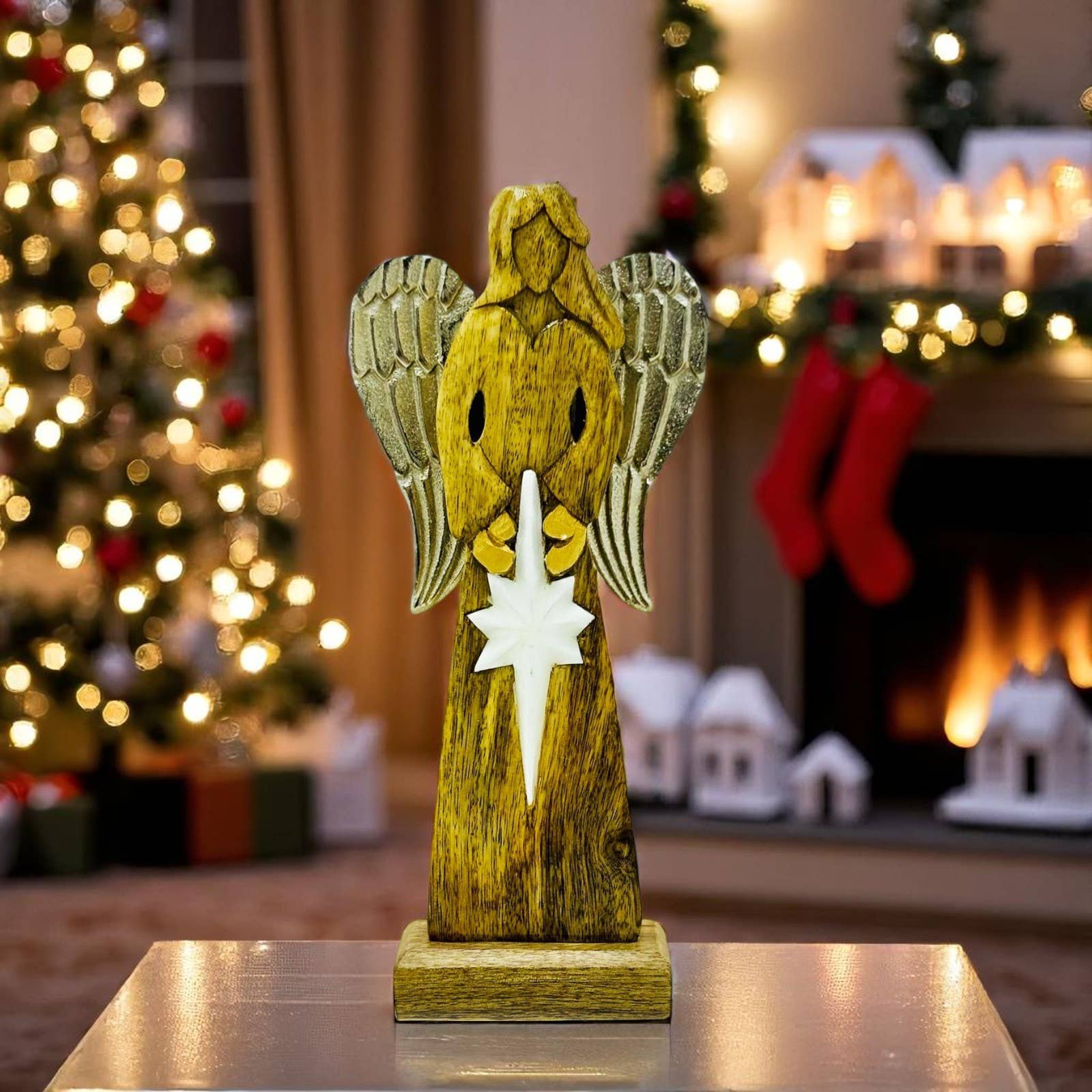 AWGifts Europe - Wholesale Decorative Figurine - 6x Mango Wood Angel in Angel - Whitewash - 15cm2