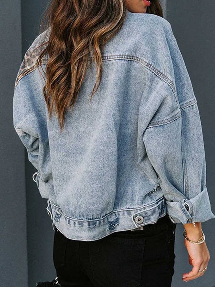 Dipped Shop - Wholesale Denim Jacket - Women's - Trendy Leopard Print Splice Ripped Denim Jacket DP25E7654
