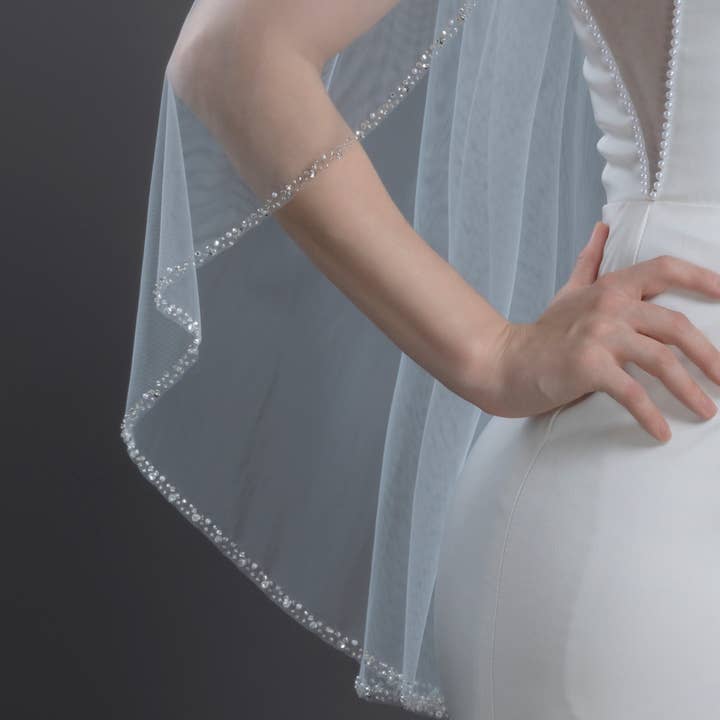 FS6246 Pearl Crystal Beaded Edge Bridal Veil 36" 108" for wholesale by Farinosa Bridal