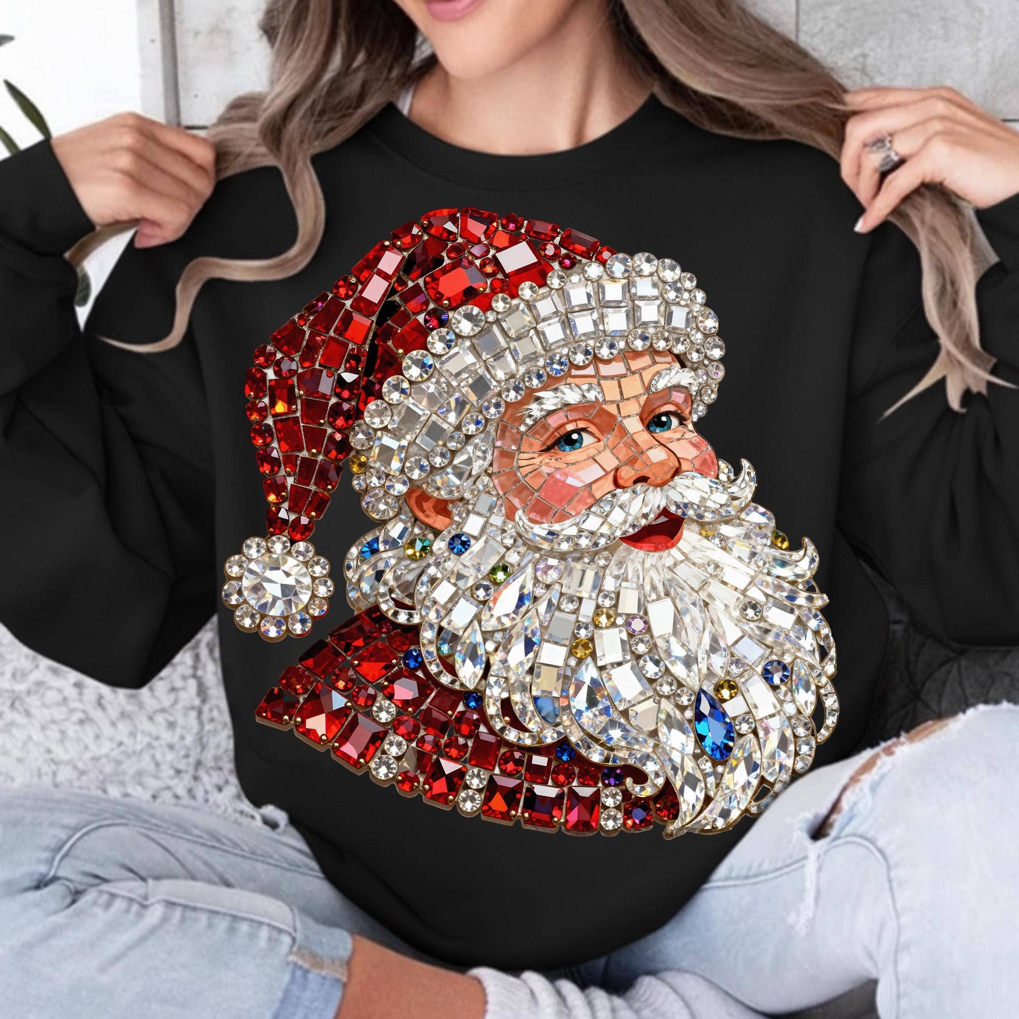 DLT Ecommerce - Wholesale T-Shirt (Graphic) - Women's - Faux Rhinestone Santa Shirt, Bling Christmas Sweatshirt1