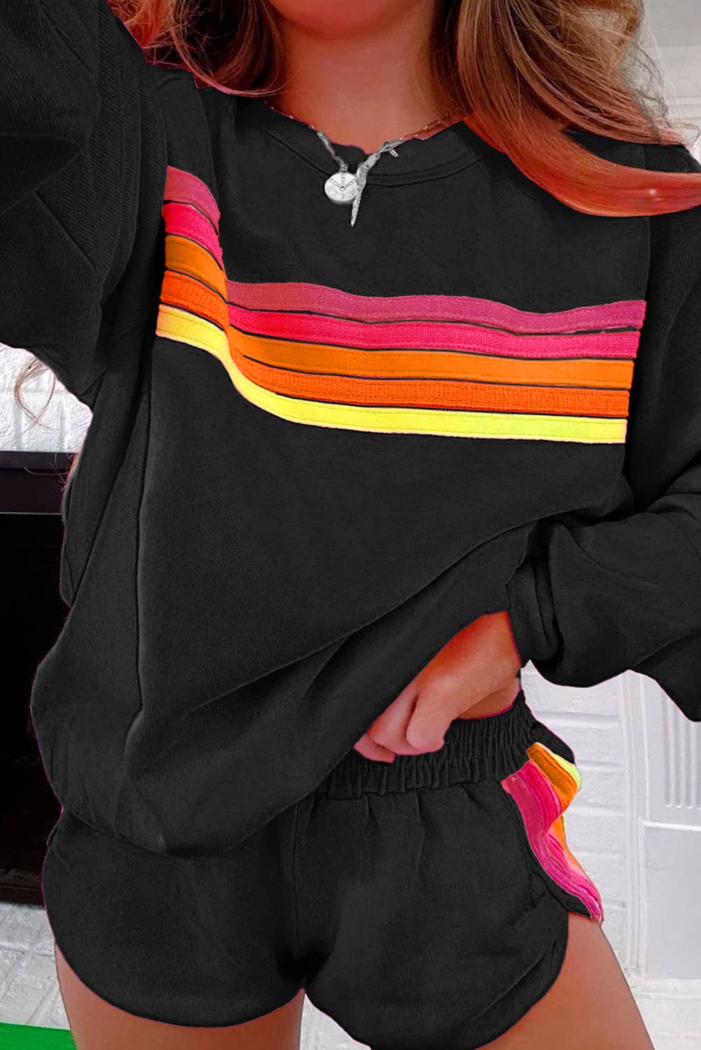 Babs + Birdie - Wholesale Lounge Set - Women's - Kenzie | Stripe Pullover and Shorts Two Piece Casual Set14