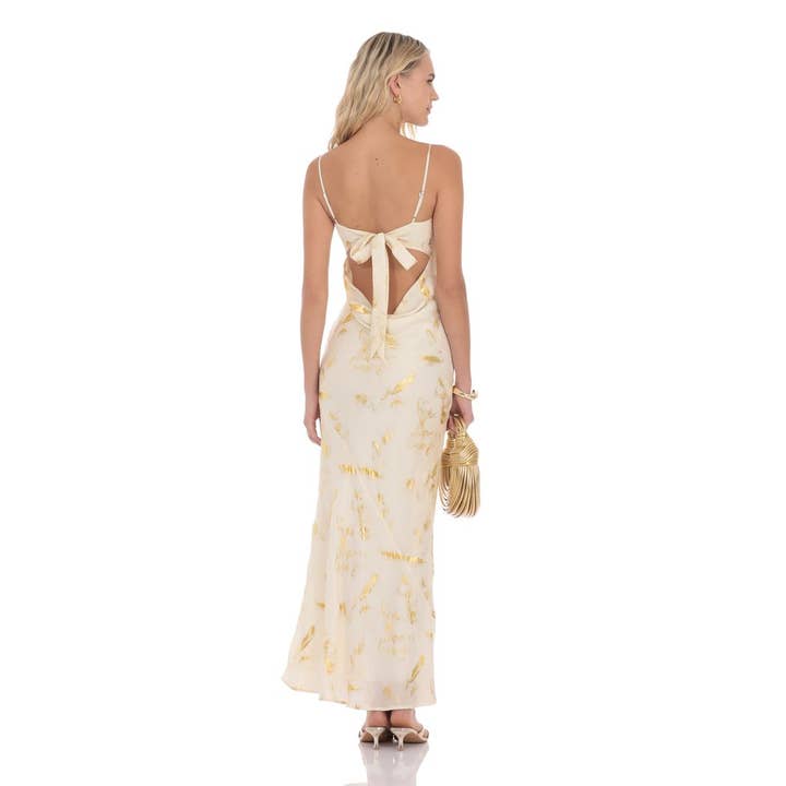 Butterfly Foiled Open Back Maxi Dress in Cream for wholesale by Lucy In The Sky