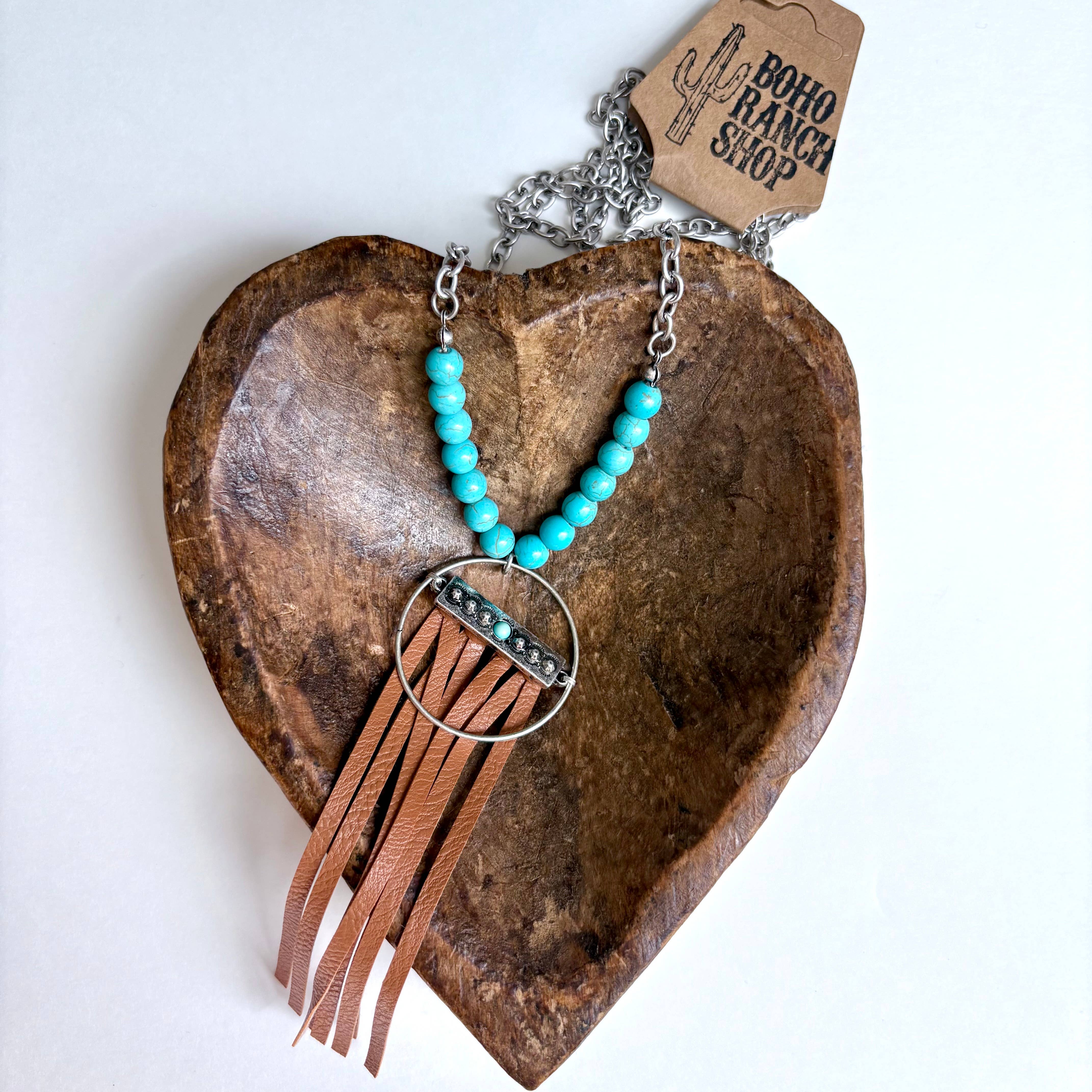 Boho Ranch Shop - Wholesale Pendant/Charm Necklace - Western Boho Leather Tassel Pendant and Stone Long Necklace 8