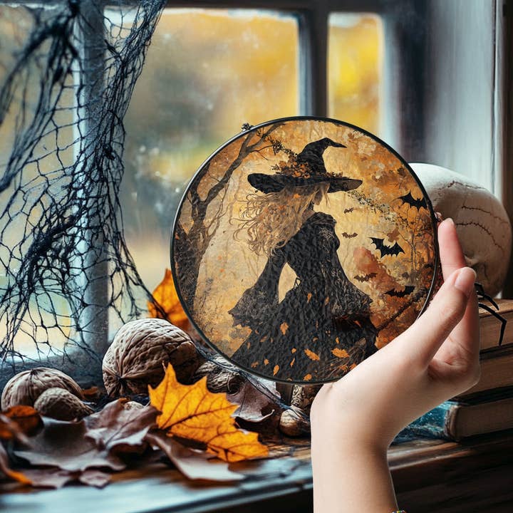 NVC Ecommerce LLC – wholesale Suncatcher – Witch Halloween Suncatcher, Gothic Witch Glass ornament2