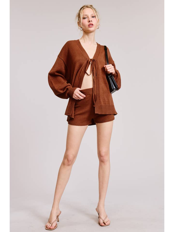 Mimosa - Wholesale Lounge Set - Women's - Self Tie Knit Cardigan and Shorts Lounge Set2