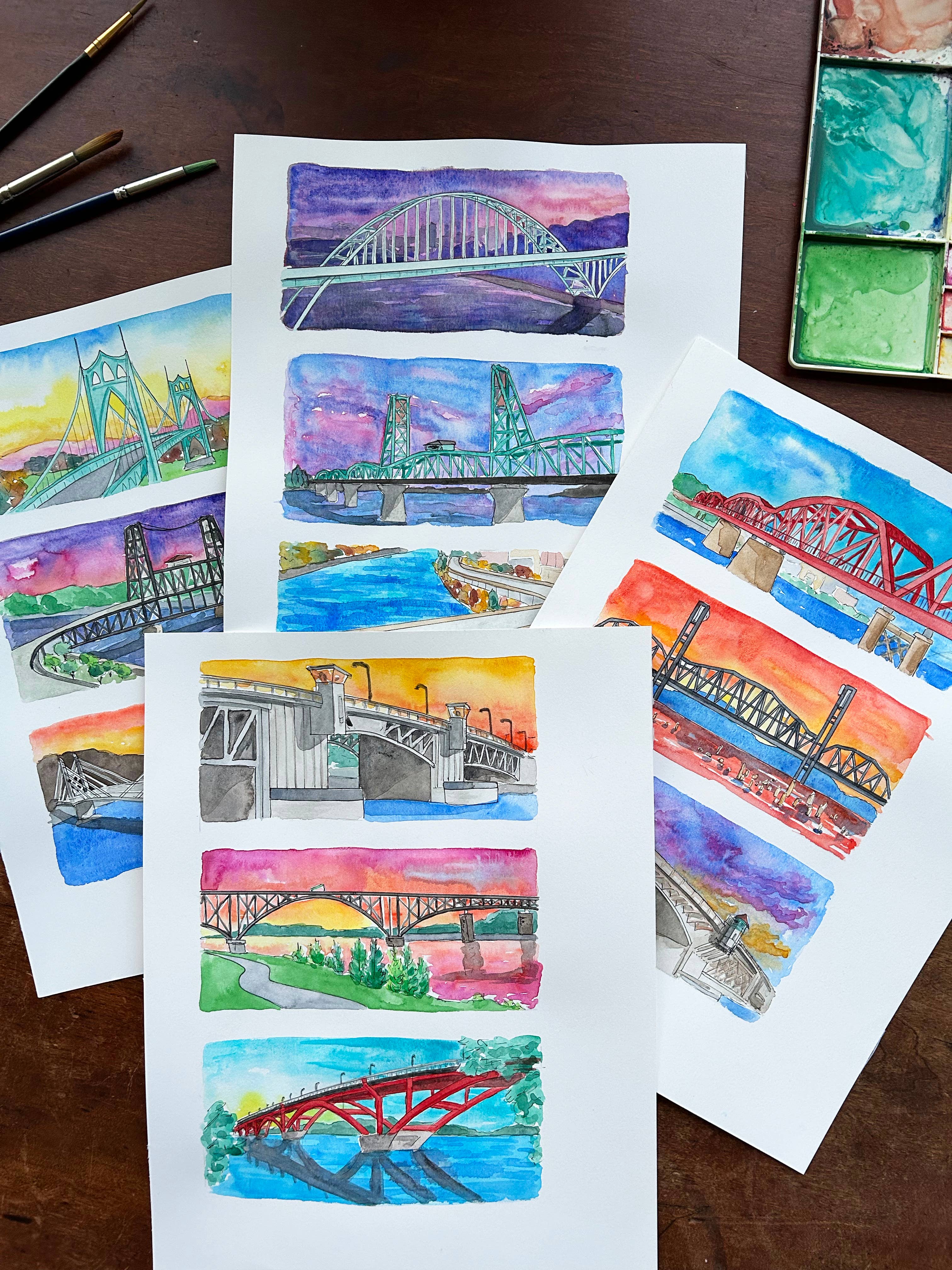 Amy Wike Illustration - Wholesale Poster - Portland Bridges Watercolor Poster2