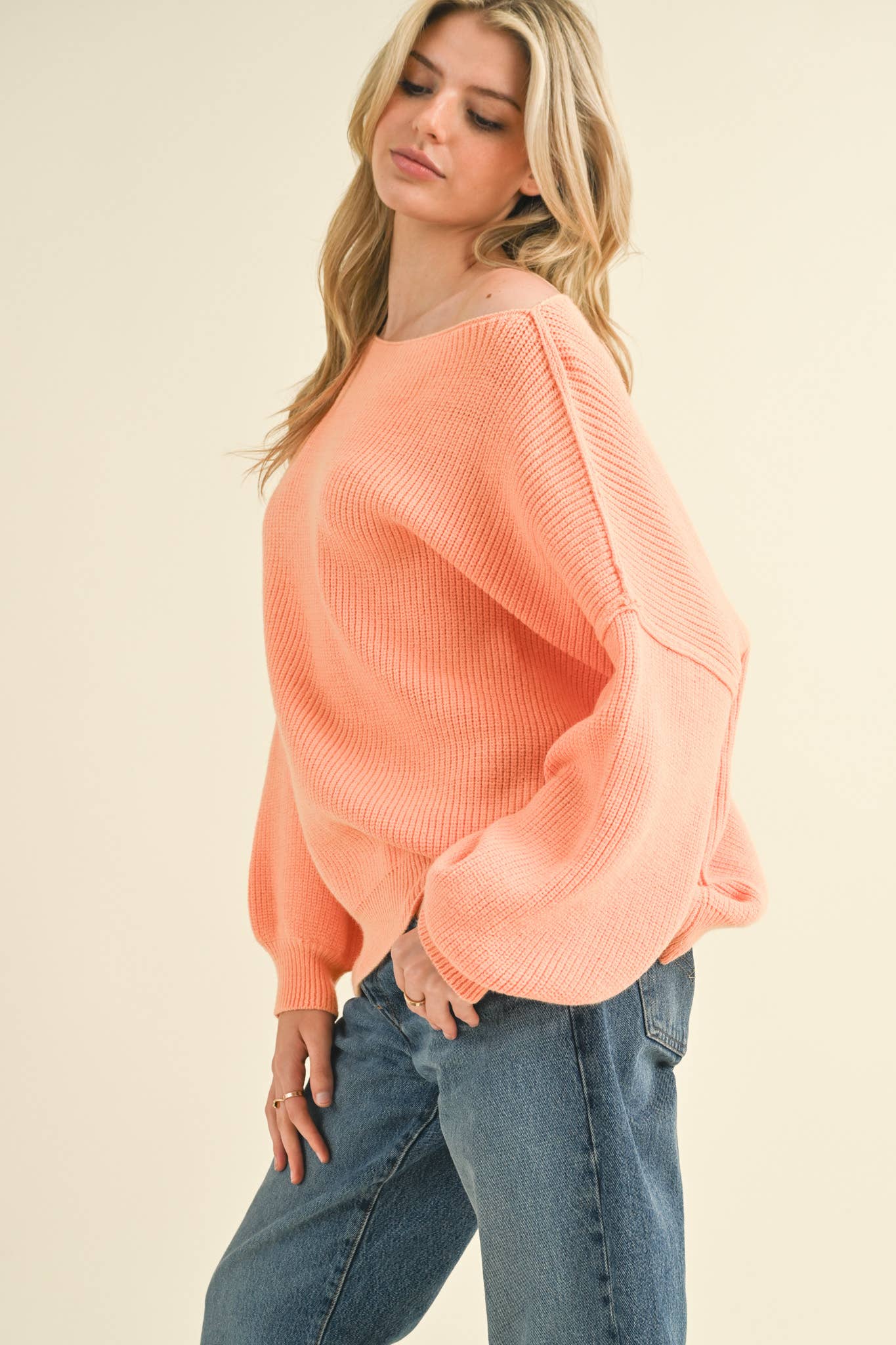 &MERCI - Wholesale Knit Sweater - Women's - BOAT NECK BUBBLE SLEEVE SWEATER MSW814732