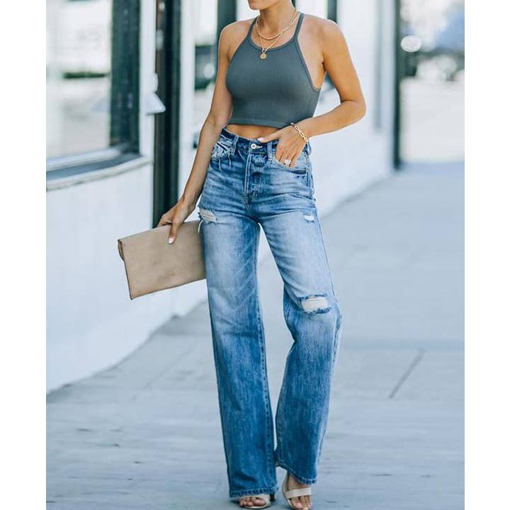 Anna Kaci Wholesale - Wholesale Jeans - Women's - High Waist Distressed Wide Leg Jeans9