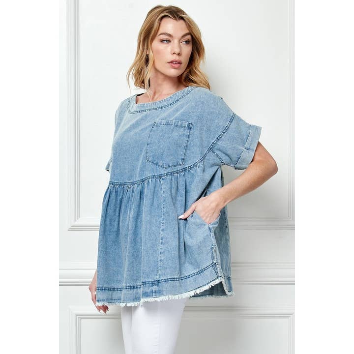 Oversize Pleated Denim Baydoll Top for wholesale on Faire