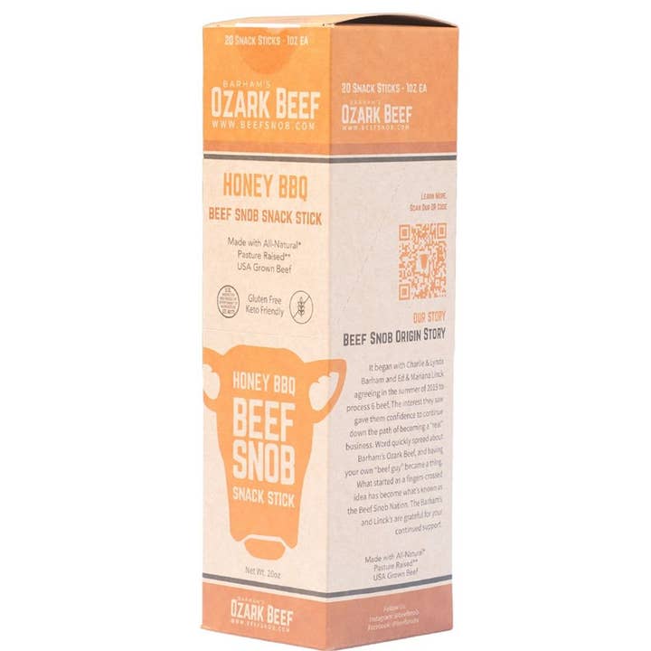 Honey BBQ Beef Snob Snack Sticks | 20 Count Box for wholesale by Barham's Ozark Beef