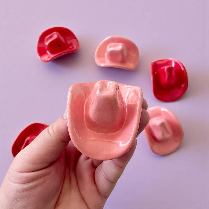 Small Ceramic Cowboy Hat Home Decor Vase - Bubblegum Pink for wholesale by Mudpuppy Ceramic Studio