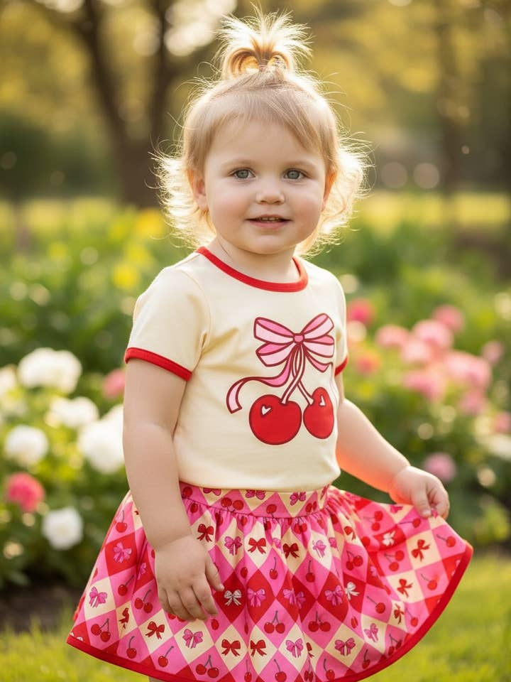 Haut imprimé cerises et jupe-short. OFG60142 AMY pour la vente par Kids Charm Online