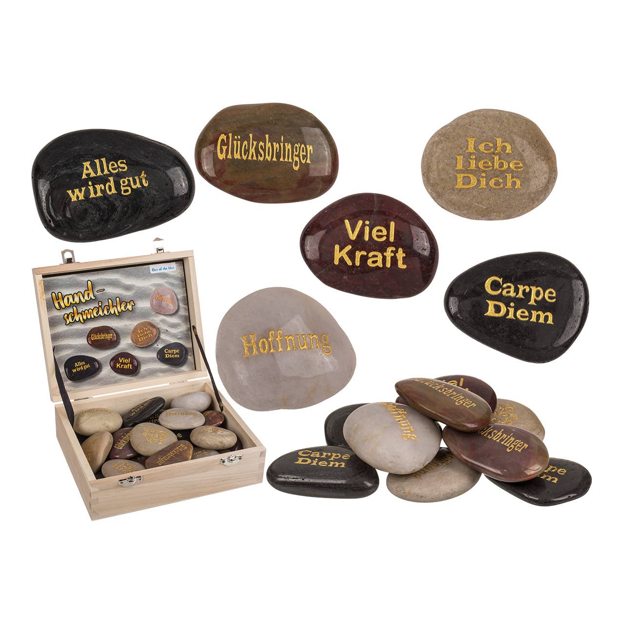 Wurm - Venta al por mayor Regalo de broma/detalle - Piedras de toque con inscripción de piedras naturales pulidas 6 unidades, 24 piezas en caja de madera (A/H) 4x3cm0