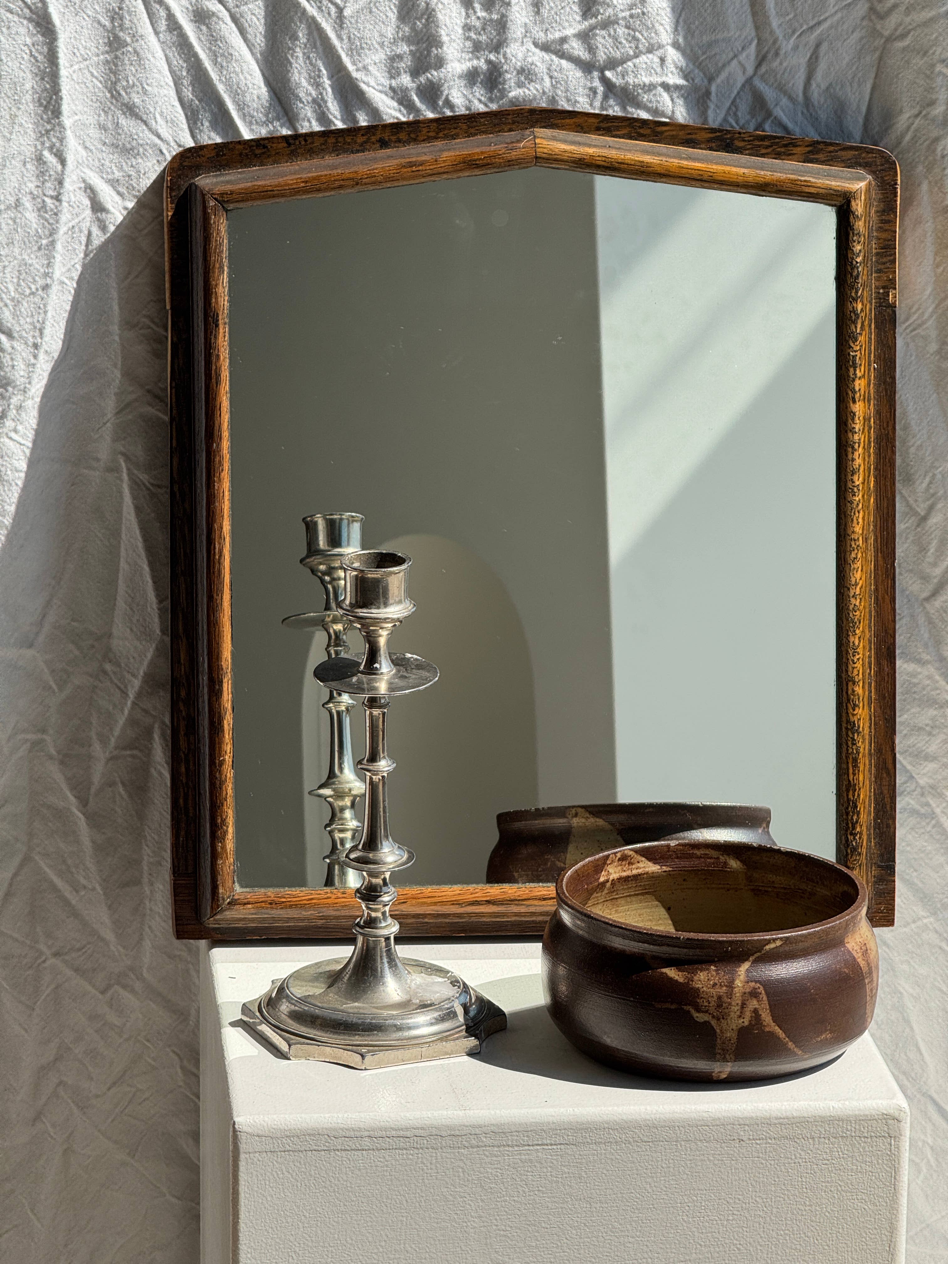 Brown Small antique English rectangular mirror with pediment for wholesale on Faire14