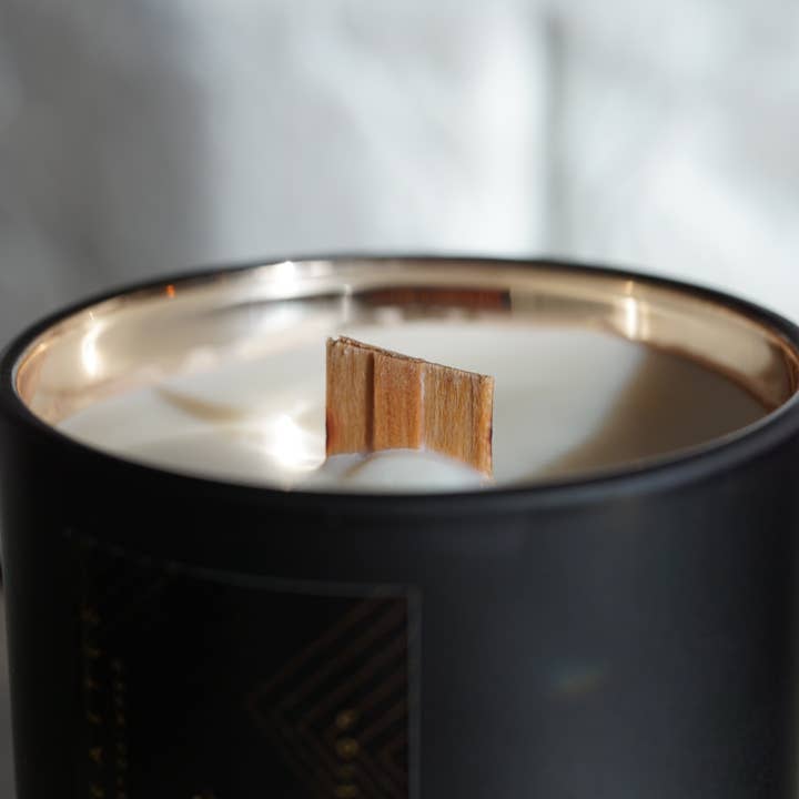 Tibet | 8.25 oz Black/Gold Luxury Beeswax Coco Creme Candle for wholesale by Earthglow