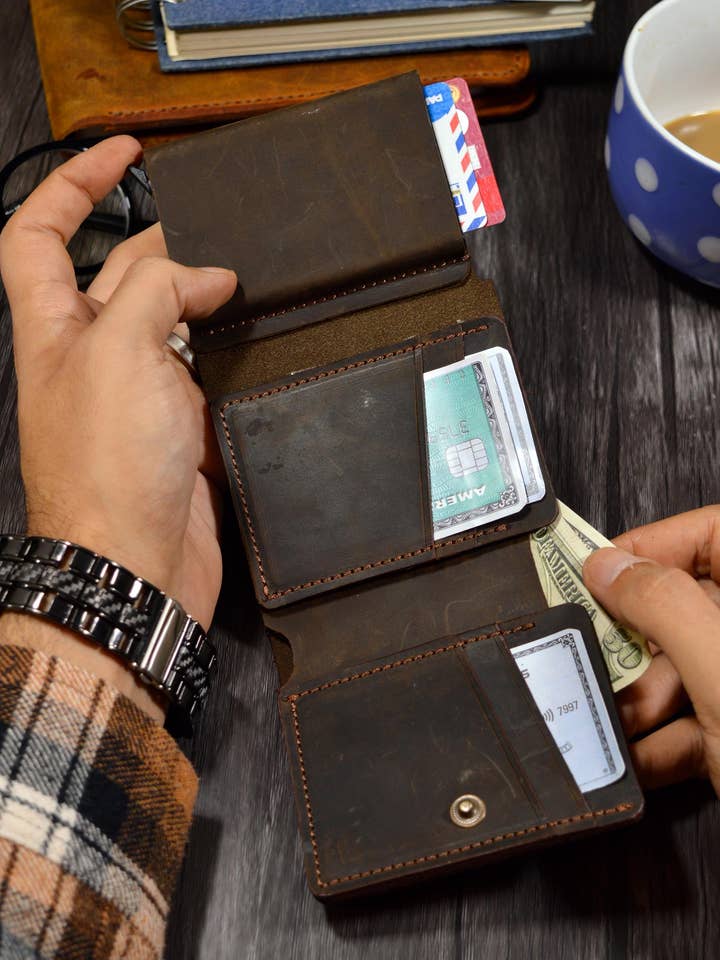 Personalized Leather Trifold Wallet Men, Engraved Leather Pop Up Card & Cash Holder for wholesale by Craftivor