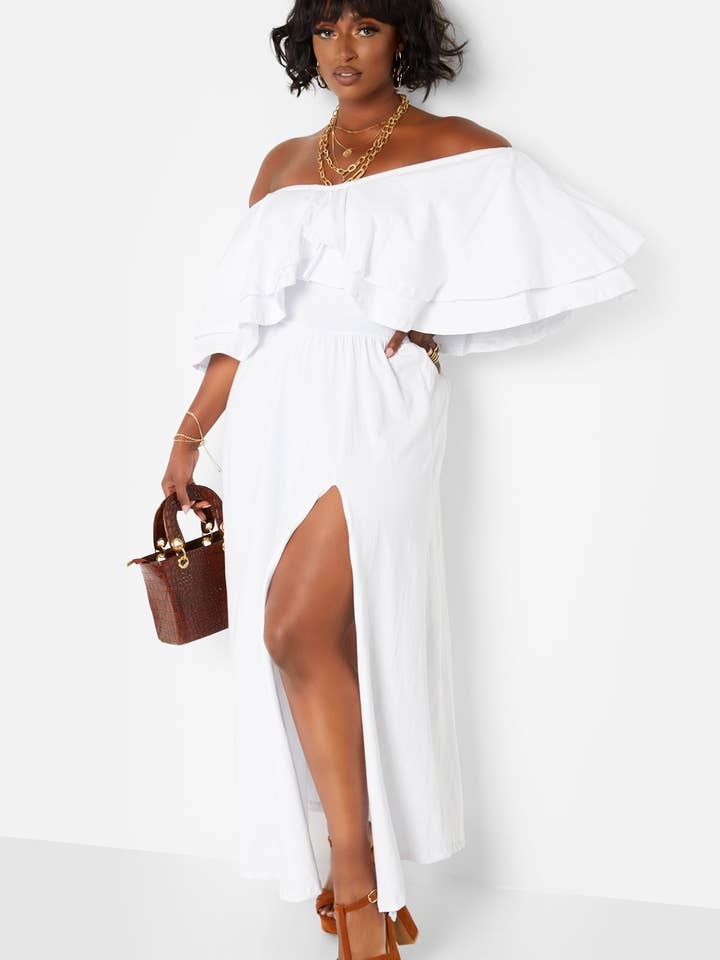 White Rock The Boat Ruffle Over The Shoulder Side Slit Skater Maxi Dress for wholesale on Faire
