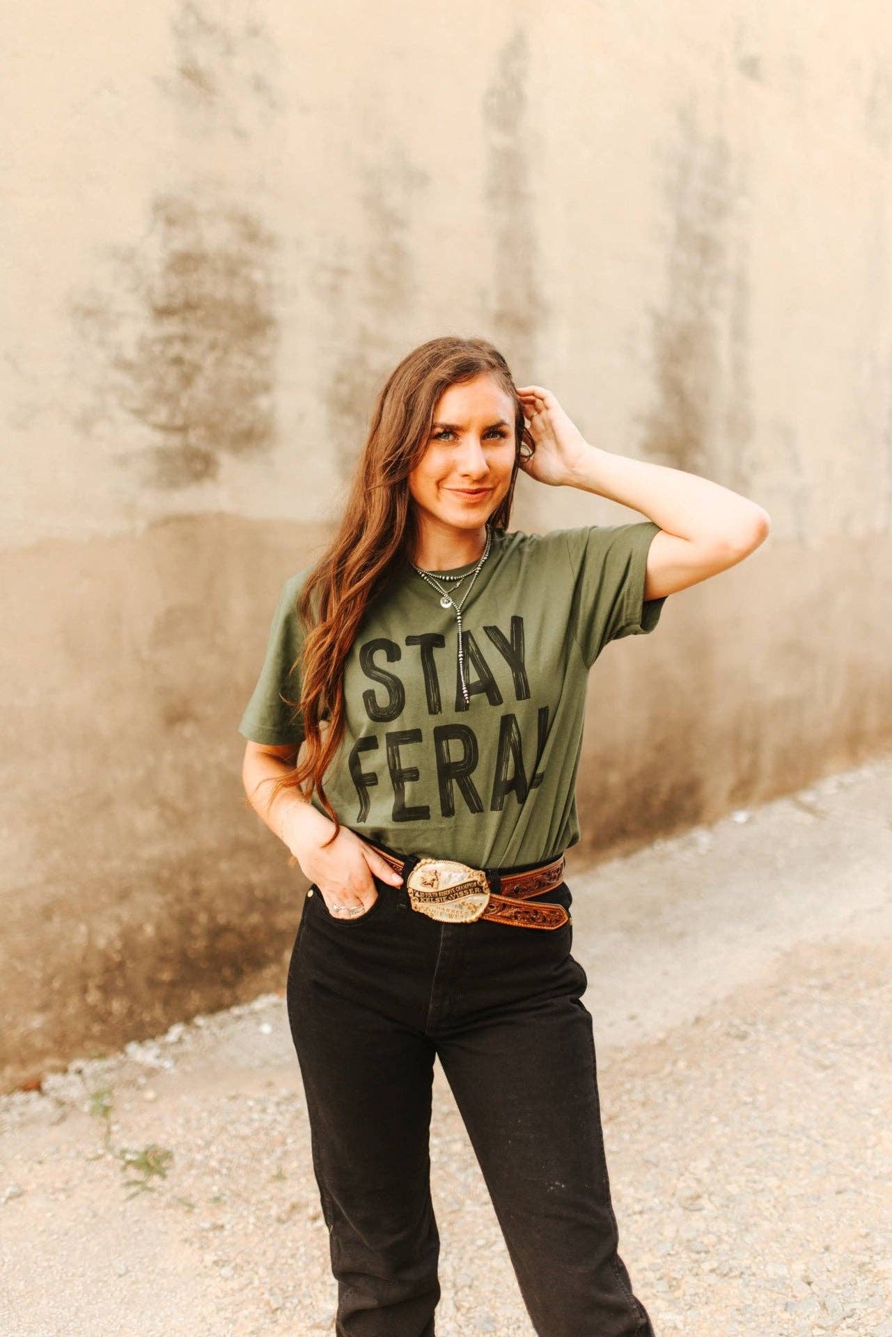 Military Green Stay Feral Graphic Tee for wholesale on Faire1