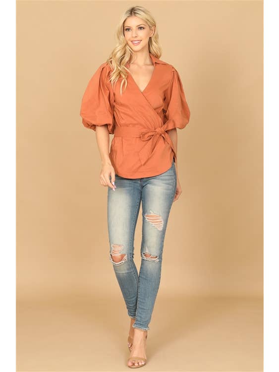 Terra Puff Sleeve Surplice Waist Tie Solid Top for wholesale on Faire2