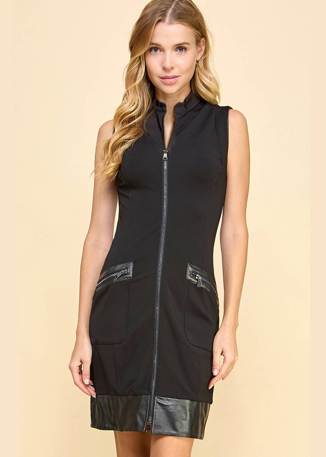 Black FULL FRONT ZIP FAUX LEATHER TRIM DRESS D2010 for wholesale on Faire0