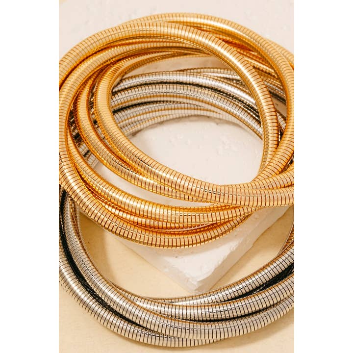 The Looks by Fame Accessories - Wholesale Beaded Bracelet - Layered Metallic Elastic Coiled Bracelet Set