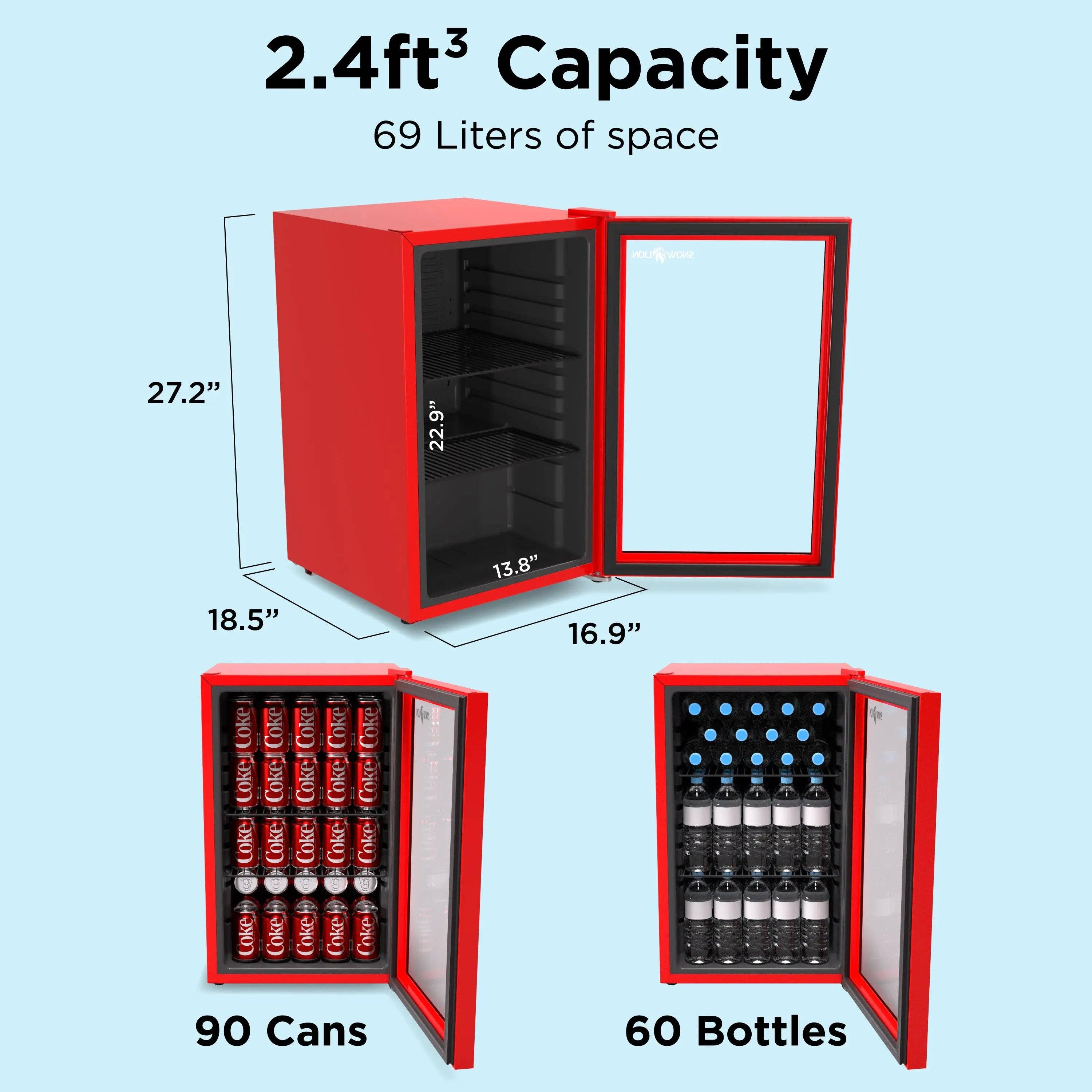 Promounts – wholesale Portable/mini fridge – SnowLion Premium 69L Beverage Refrigerator 2.4 Cu.ft. Freestanding Mini Fridge With Glass Door in Red (OSFG016-RL)1