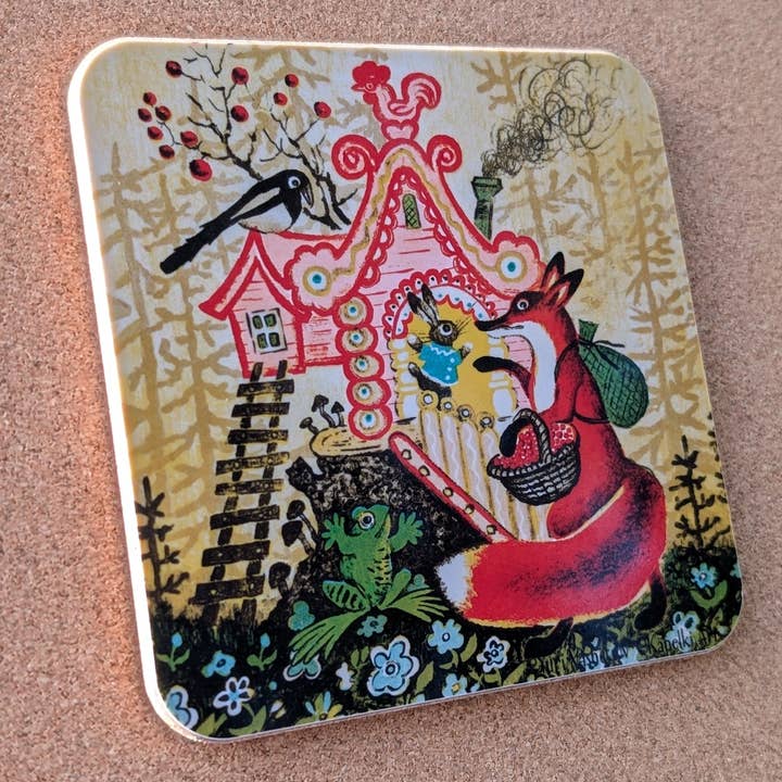 Red fox and hare cork coaster for wholesale by Kapelki Art