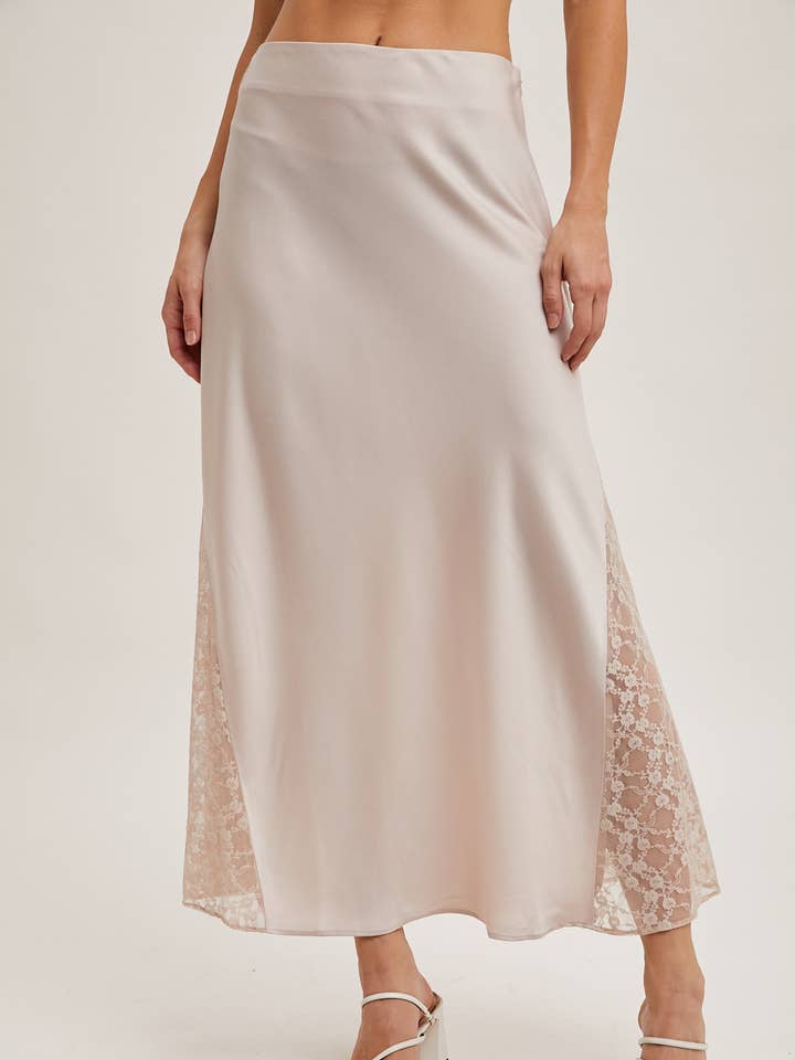 Bluivy - Wholesale Skirt - Women's - LACE TRIMMED MID-RISE SATIN MIDI SKIRT