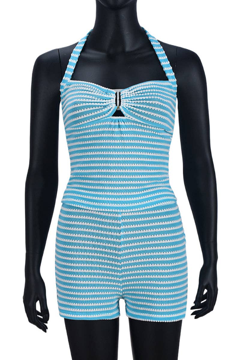 Mccolin – Großhandel Loungewear-Set – Damen – Gestreiftes Neckholder-Top und Shorts-Set2