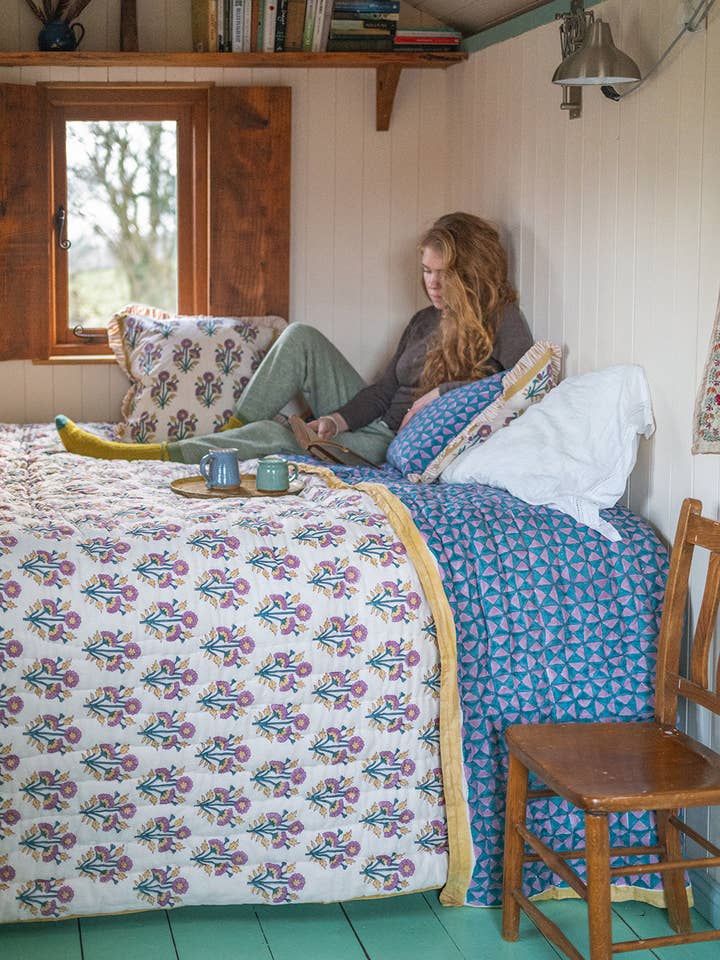 Cornflower & Lilac Block Print Cotton Quilt for wholesale by Ian Snow Ltd