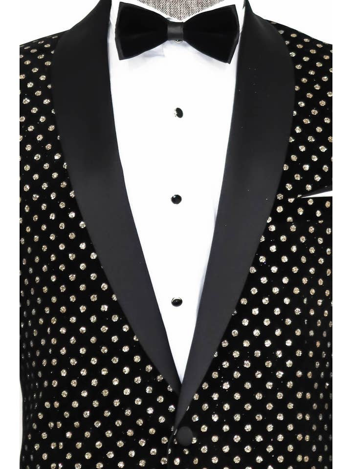 Negro Blazer de Promoción para Hombre Negro de Ajuste Entallado con Patrón de Puntos - Solapa de Chal de venta al por mayor en Faire