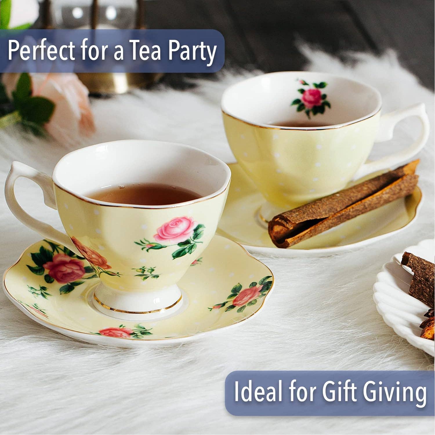 Brew To A Tea - Wholesale Tea Set - BTaT Floral Tea Cups & Saucers Set of 8 with Gold Trim5