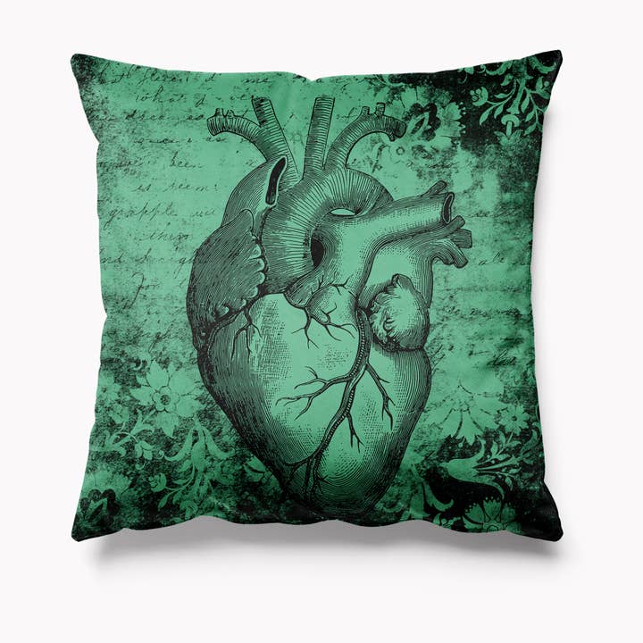 Creepy and Horror Velvet Cushion Anatomical Heart - Green for wholesale by Kitsch Republic