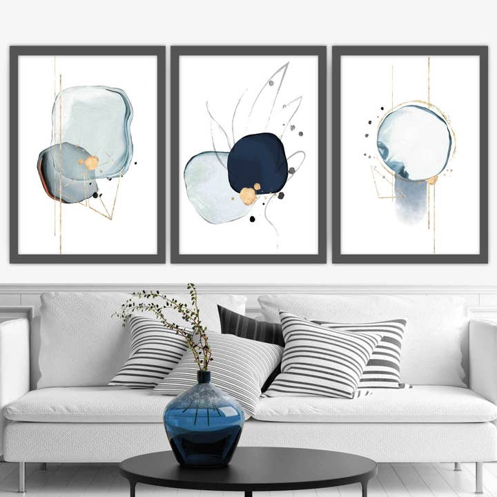 Set of 3 Abstract Winter Mood Navy Gold Art Prints for wholesale by Artze Wall Art