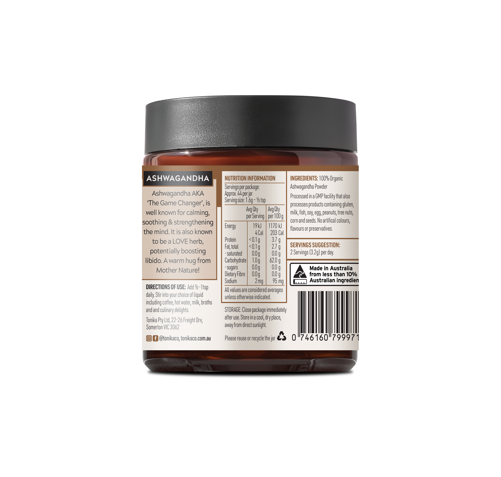 Tonika - Wholesale Protein/superfood powder - Organic Ashwagandha Powder Glass Jar - The Game Changer1