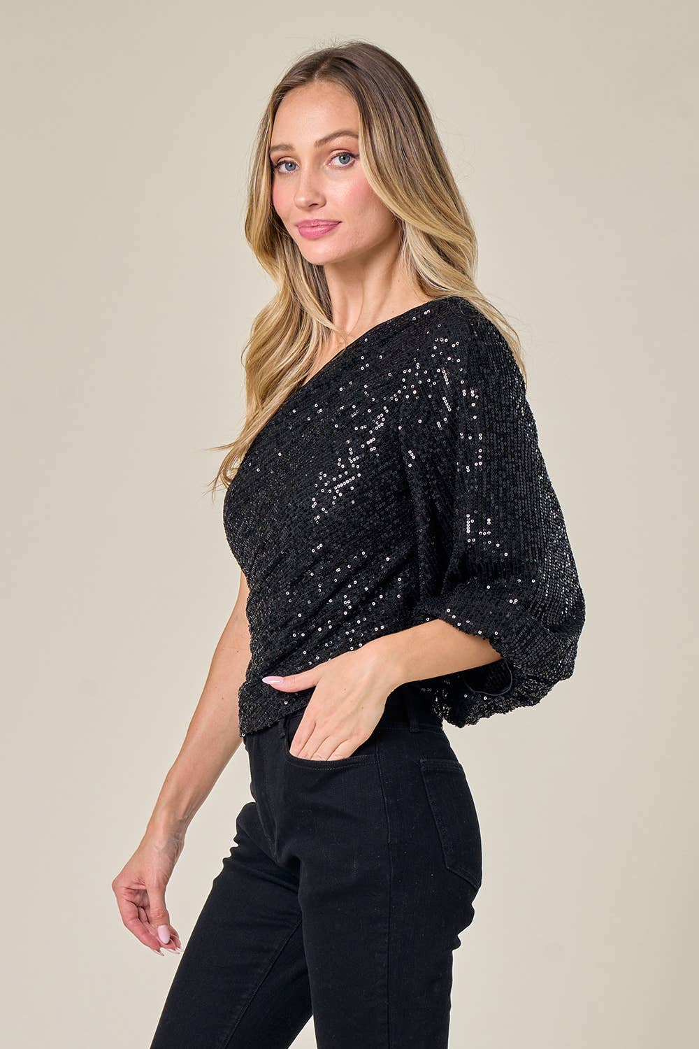 Saints & Hearts - Wholesale Blouse - Women's - SIT3610A BLACK CASUAL HOLIDAY ONE SHOULDER SEQUIN TOP2