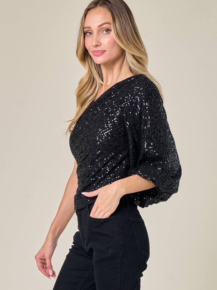 Saints & Hearts - Wholesale Blouse - Women's - SIT3610A BLACK CASUAL HOLIDAY ONE SHOULDER SEQUIN TOP2