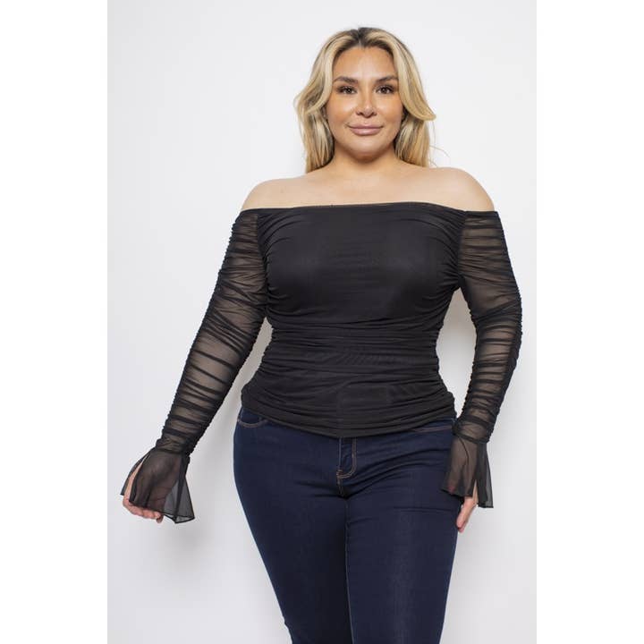 PLUS SIZE MESH OFF SHOULDER RUCHED LONG SLEEVE TOP for wholesale by Curve Market