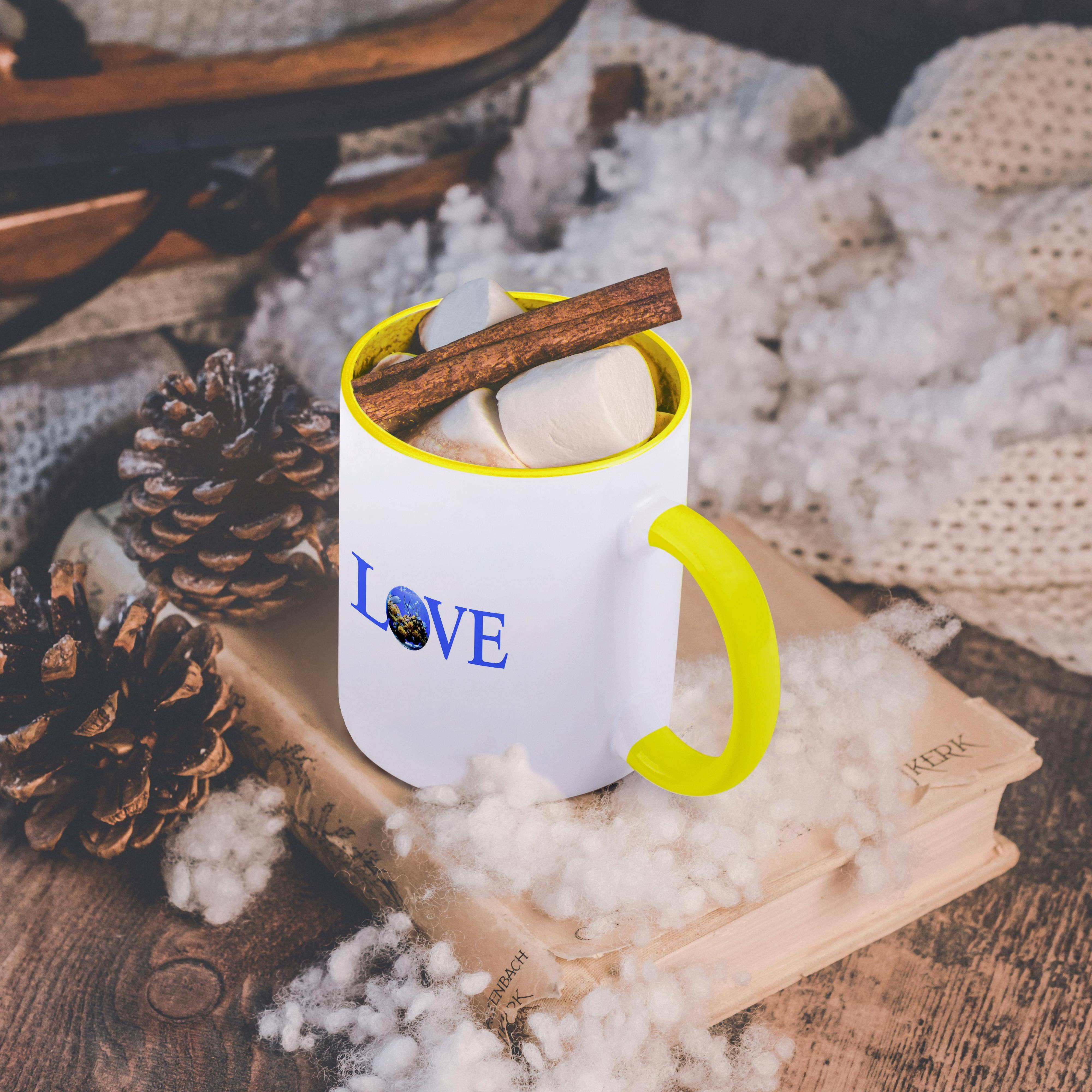 3dRose - Wholesale Coffee Mug - 3dRose, Love Fish - text with fish bowl for O blue aquarium with yellow coral, Mug5