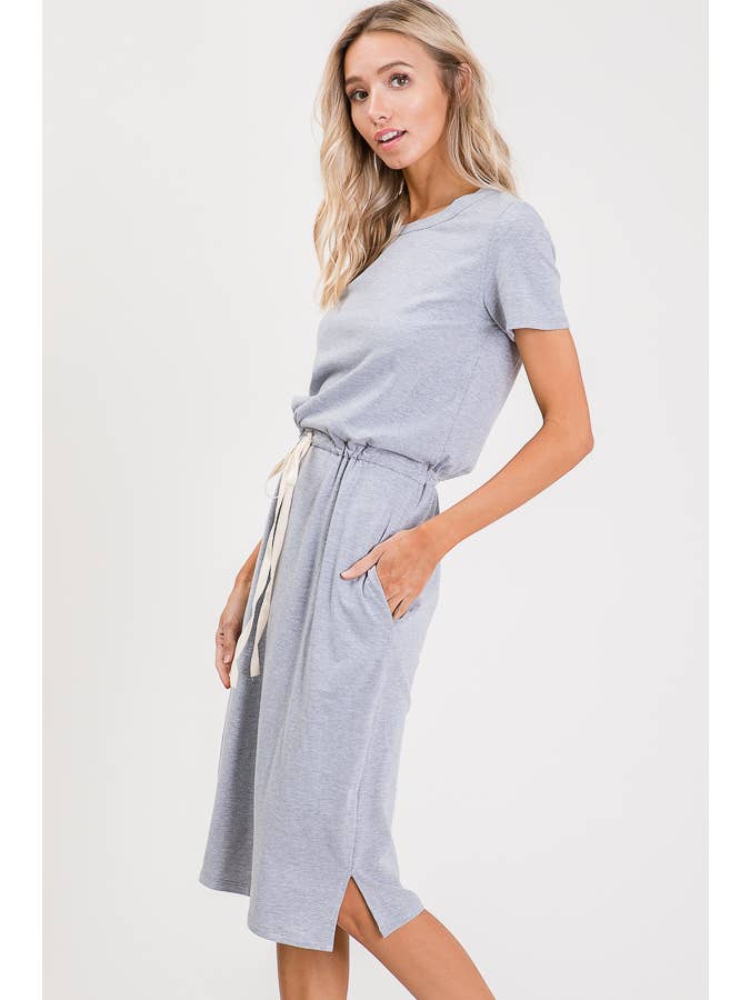 7th Ray - Wholesale Dress - Women's - Everyday Drawstring Waist Side Pocket T-Shirt Dress D246543