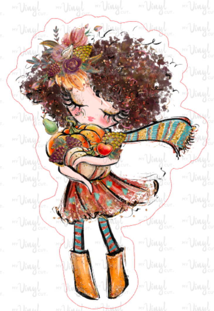 My Vinyl Cut - Wholesale  - Sticker 28A Fall Market Girl with Brown Curly Hair1